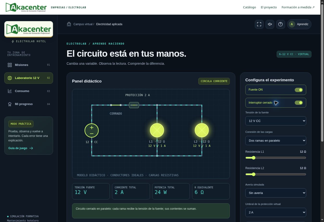 Circuito en paralelo con dos bombillas encendidas y mediciones en ElectroLab.