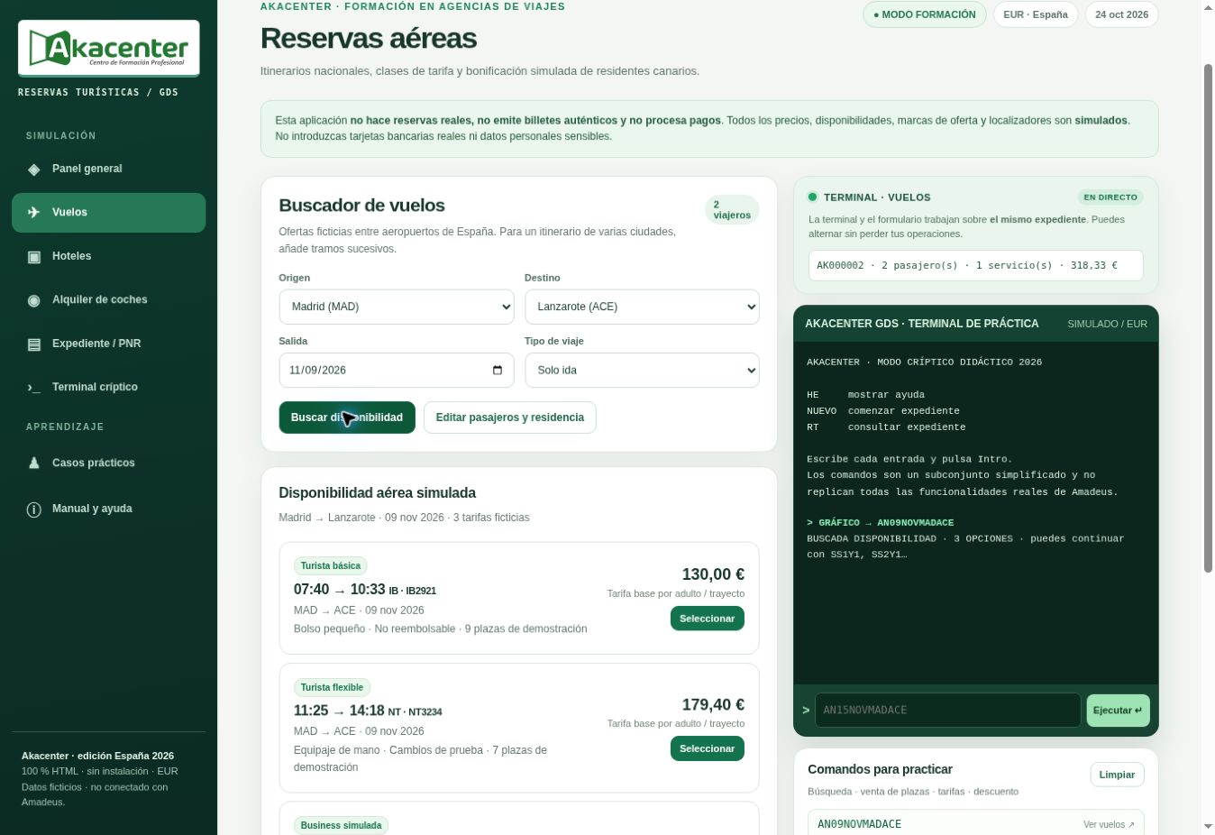 Búsqueda de vuelos a Lanzarote con resultados y comandos de reservas.