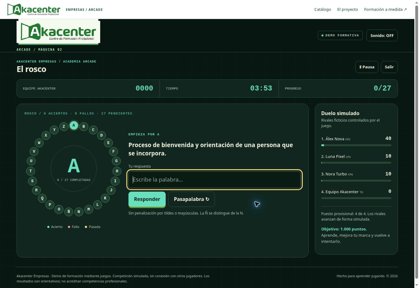 Partida de El Rosco con las 27 letras y una pregunta de comunicación empresarial.